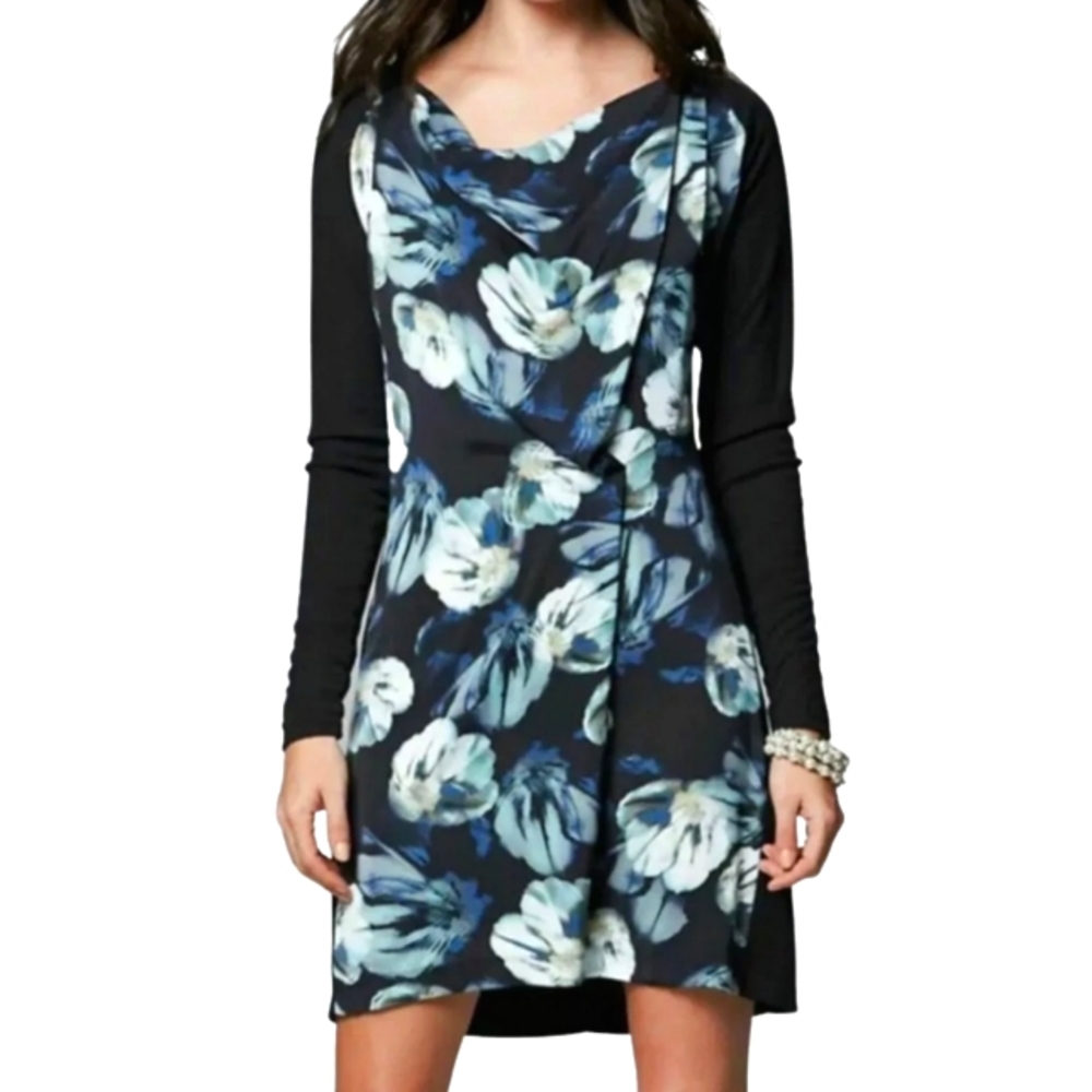 SIMPLY VERA Vera Wang Blue Floral Print Draped Neckline Sweater Knit Dress Large